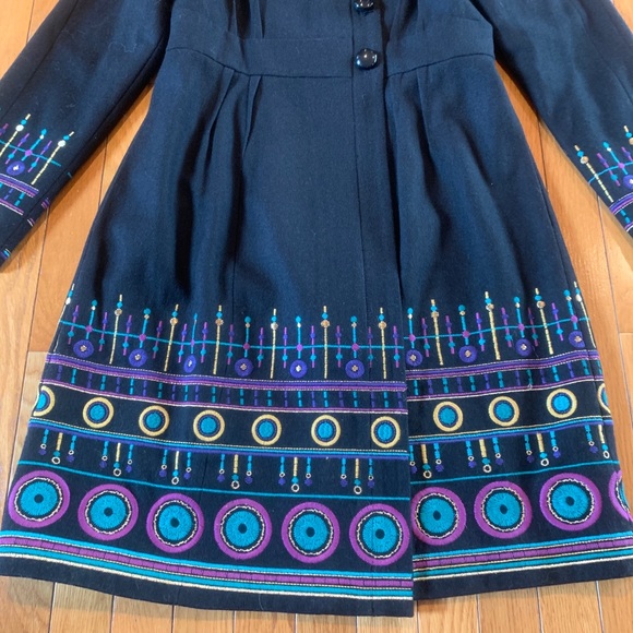 Plenty Tracy Reese Embroidered Wool Long Winter Coat Size 10 Black - Picture 2 of 7